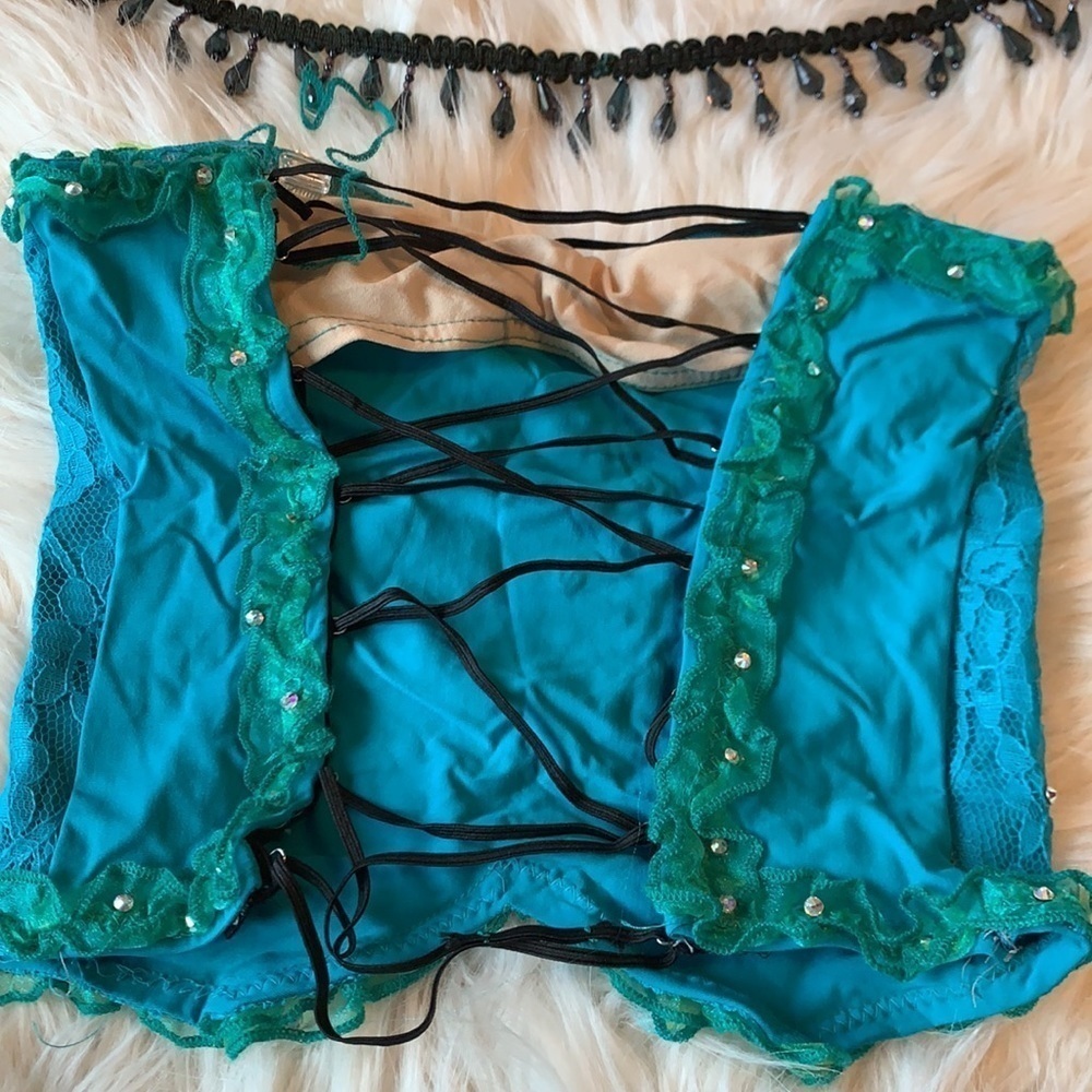 Turquoise two piece dance costume adorned with Swarovski Crystals - Picture 5 of 9